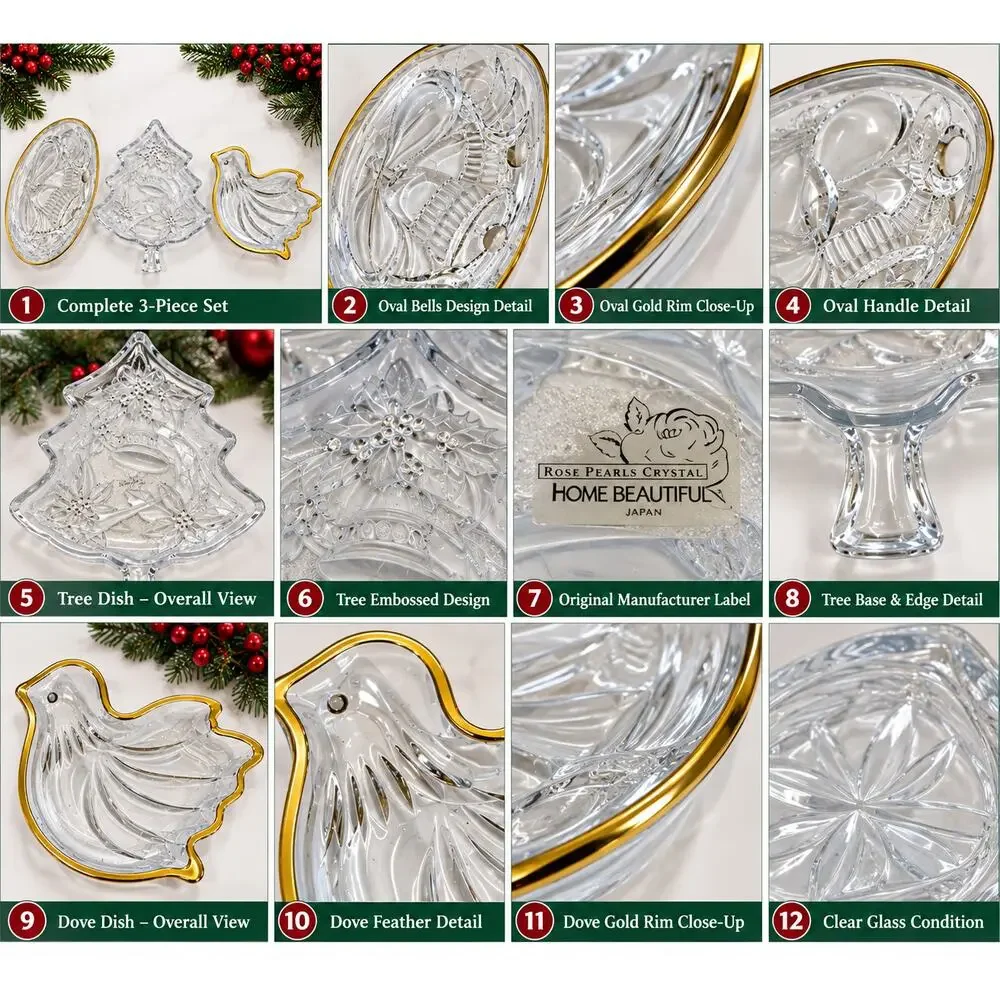 Vintage Home Beautiful Christmas Crystal Candy Dish Set of 3 Japan